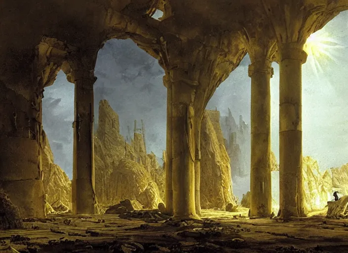 Image similar to a land of ruins of lost civilization with a fort in the middle, pure gold pillars, water tunnels below and a magical time gate to another dimension, a wounded man wearing a white robe standing watching over, dramatic lighting, dawn, by caspar david friedrich, concept art
