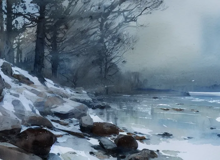 Prompt: watercolor splash, paint drops, drips, aquarelle painting of oak tree, rocky shore, in cold snowy winter, rustic stone cabin in horizon, very very very beautiful, art by anders zorn, wonderful masterpiece by greg rutkowski, cinematic light, american romanticism by greg manchess, creation by tyler edlin