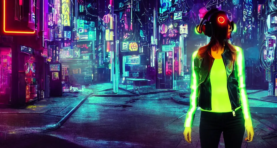 Prompt: A woman wearing LED headphones, a leather jacket, crop top and jeans checking her phone on a neon-lit cyberpunk city street, digital art