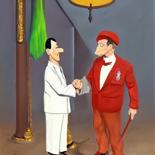 Prompt: oil painting of dr doofenshmirtz meeting mussolini