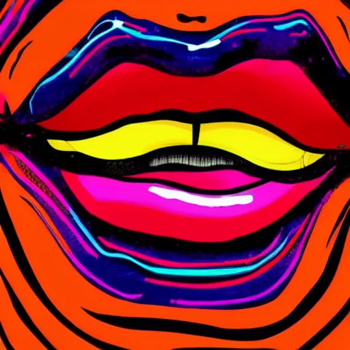 Image similar to illustration of juicy red lips with colorful vivid neon stripes, on the black background,
