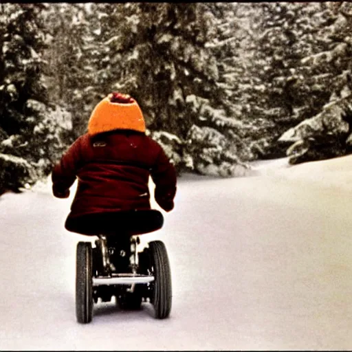 Prompt: on the set of the shining, danny is riding his big wheel, kubrick has his parka on,