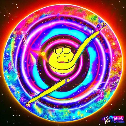 Prompt: rick and morty style mandala flowing through an effervescent universe creating arcine galaxies with light