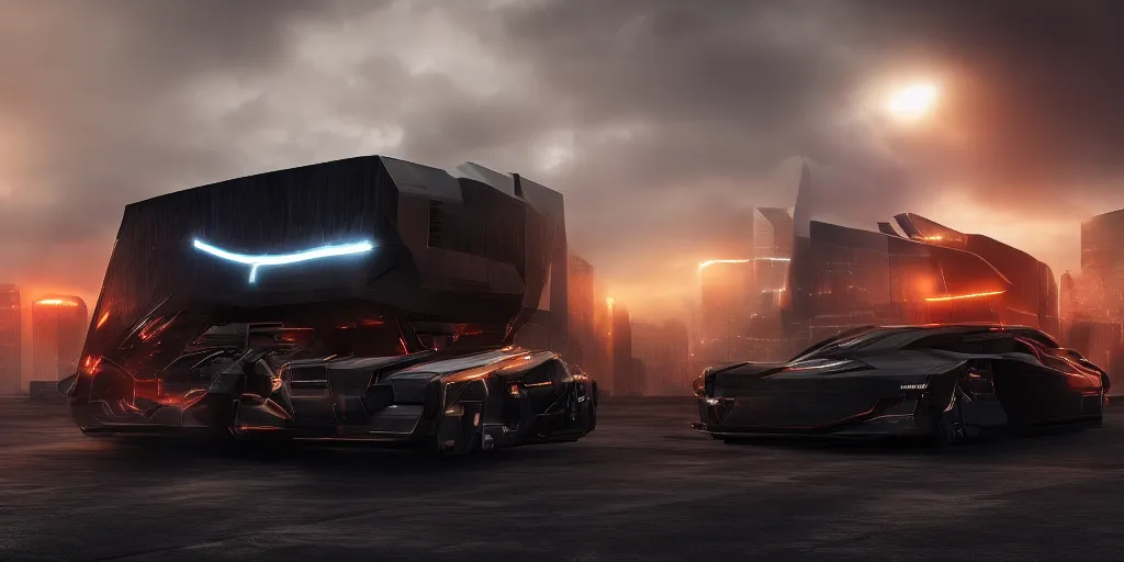 Prompt: a design of a futuristic cybertruck, designed by Polestar, blade runner background, stained antique copper car paint, black windows, sport car, dark show room, dramatic lighting, hyper realistic render, depth of field