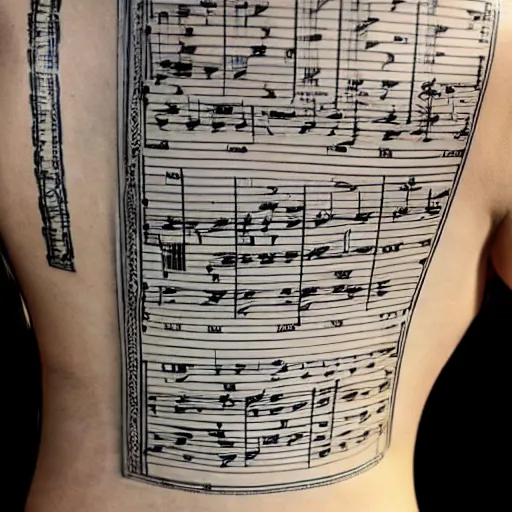 Upper arm sleeve with musical notes and lyrics from the song