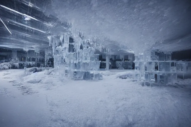 Image similar to a very windy and cold place, everything is made out of ice, snowing, cinematic lighting