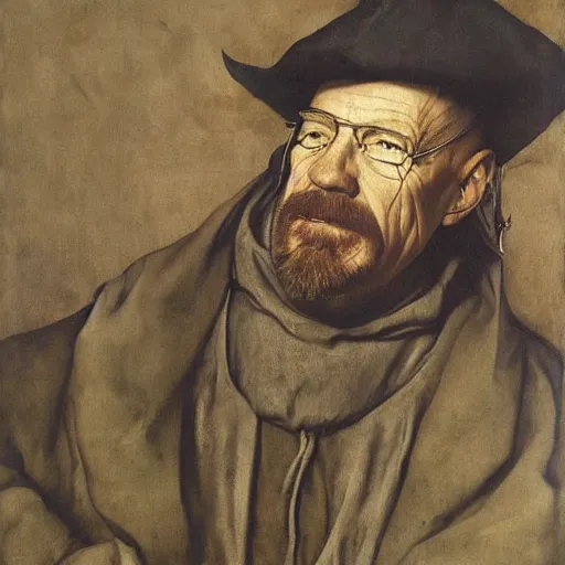 Prompt: portrait of walter white from breaking bad selling blue meth to jesse pinkman dressed as a hobbit, detailed oil painted by albrecht durer, classic pose, medieval dressed