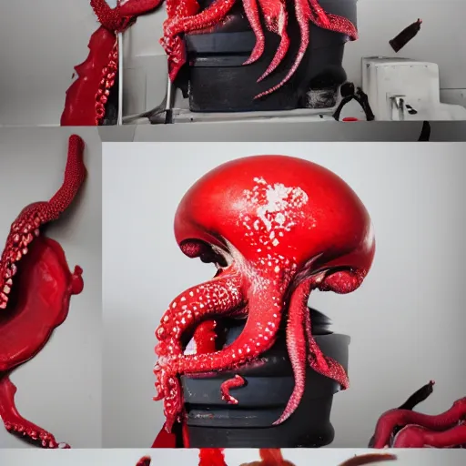 Image similar to a clean studio photography set, there is a bucket of red paint and it has just viciously exploded, there is paint EVERYWHERE, even on the octopus