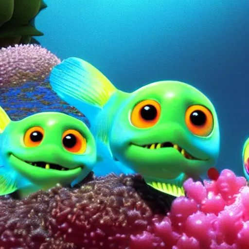 Prompt: smiling baby fish aquatic dinosaurs with glowing blue phosphorescent textures throughout their skin. rendered by pixar.