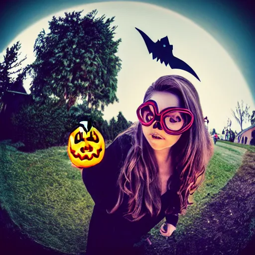 Image similar to A selfie of a woman trick or treating with a demon, fisheye lens photography, with a spooky filter applied, with a figure in the background, in a Halloween style.