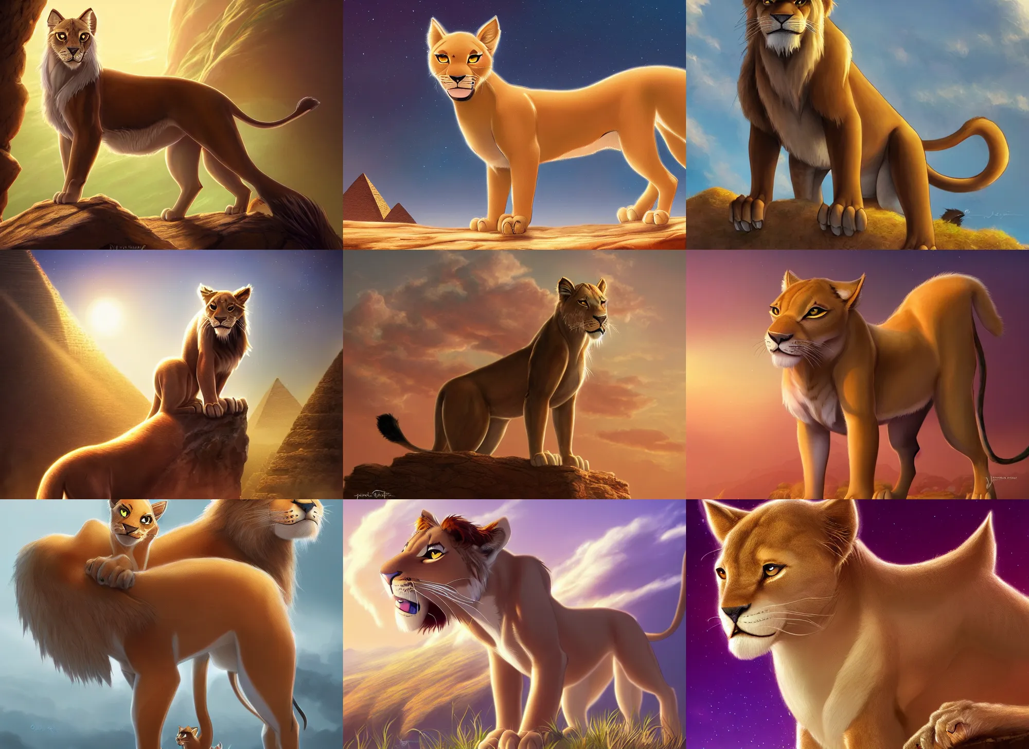 Prompt: fullbody beautiful detailed character design of a feral feline in egypt, deviantart lioness adoptable, character concept artwork professional in the style of'the lion king'by jessica rossier, artstation, deviantart, fanpop