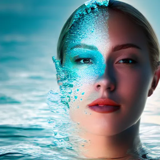 Prompt: water artwork manipulation in the shape of a beautiful human female head, on the ocean water, futuristic, glowing, gradient, hyper realistic, ray tracing, realistic water, sharp focus, long shot, 8 k resolution, cinematic, photoshop water art
