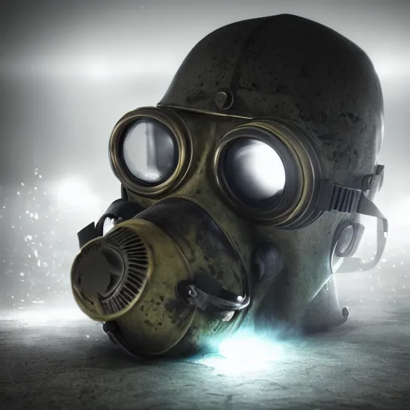 Image similar to fantasy gas mask, splash art, movie still, cinematic lighting, dramatic, octane render, long lens, shallow depth of field, bokeh, anamorphic lens flare, 8k, hyper detailed, 35mm film grain