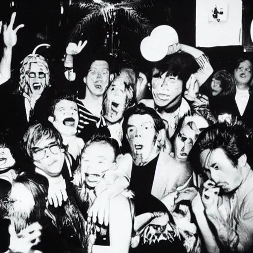 Prompt: extremely realistic toho godzilla partying at studio 5 4 b & w grainy photograph lots of celebrities including very realistic andy warhol