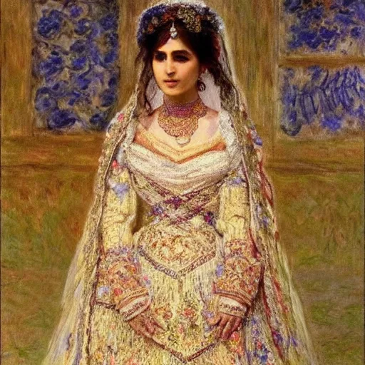 Prompt: full body portrait of a beautiful Kurdish bride wearing beautiful a beautiful wedding dress, very detailed eyes, hyperrealistic, beautiful, very detailed painting by Claude Monet and Alphonse Mucha, trending on artstation, extremely high detail, incredibly intricate