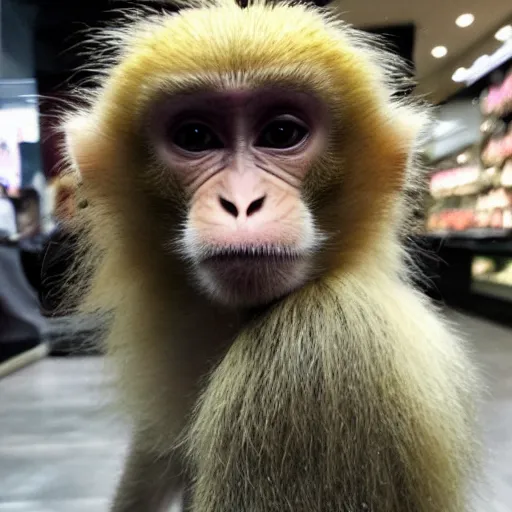 Prompt: a monkey with long blonde hair, shopping at a mall,