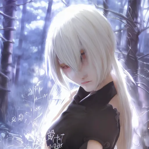 Prompt: beautiful portrait of 2B from nier automata, forest, junkyard, pretty, semi realistic anime, hyper detailed, 8k, DeviantArt, Instagram, Behance, Artstation, trending on artstation, Pixiv, Pixiv daily ranking, art of silverfox, Yee Chong Silverfox, Sydney Hanson, Mickael Lelièvre, Jaeyeon Nam, derevschikova, Elina Karimova