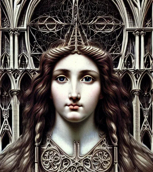 Image similar to hyperrealistic detailed face portrait of a beautiful long haired young goddess morphing into a gothic cathedral, authentic ornamental architecture, art by ernst haeckel, john william godward, h. r. giger, gothic, neo - gothic, heavily ornamental,