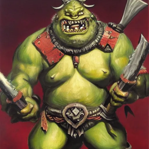 Image similar to ogre warrior wearing plated armor who is holding a battle axe in the style of warhammer fantasy : : head and torso oil painting