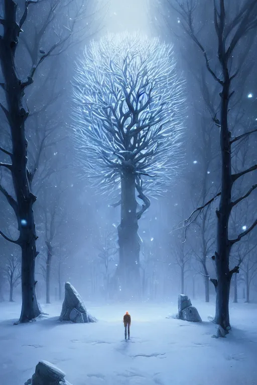 Image similar to giant tree in snow, unreal engine, fantasy art by greg rutkowski, loish, rhads, ferdinand knab, makoto shinkai and lois van baarle, ilya kuvshinov, rossdraws, tom bagshaw, global illumination, radiant light, detailed and intricate environment