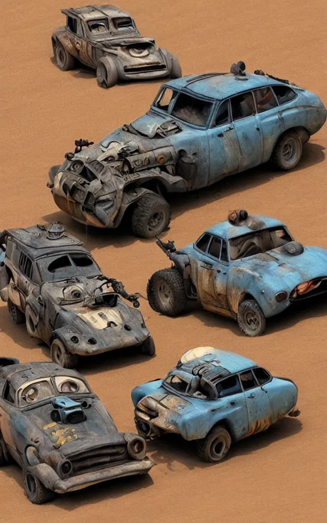 Prompt: pixar cars in the world of mad max fury road