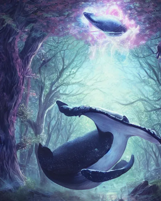 Image similar to Whale playing Trumpet in magical forest, portrait, wearing hat, magical notes, fairy atmosphere, magic the gathering artwork, D&D, fantasy, cinematic lighting, centered, symmetrical, highly detailed, digital painting, artstation, concept art, smooth, sharp focus, illustration, volumetric lighting, epic Composition, 8k, art by Akihiko Yoshida and Greg Rutkowski and Craig Mullins, oil painting, cgsociety