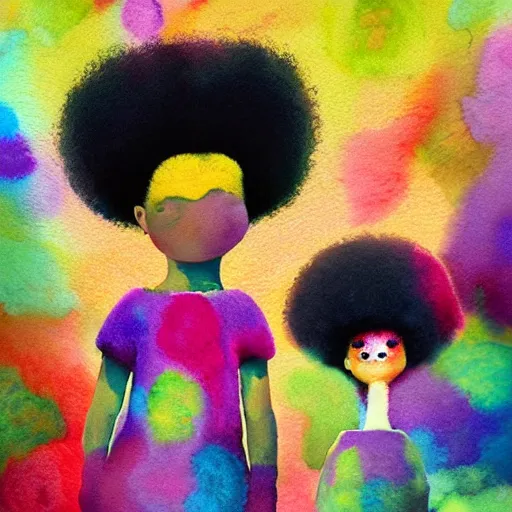 Image similar to a black girl with a colorful afro and big colorful eyes, bright colours, bokeh!!, watercolor, volumetric wool felting, macro photography, children illustration, by goro fujita