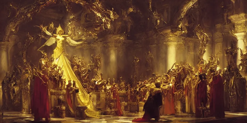 Image similar to beautiful oil painting, high details, alien in royal crimson robes enthroned as the alien god emperor of ancient civilization surrounded by servants in gilded halls a golden wreath upon his head, by anders zorn, wonderful masterpiece by greg rutkowski, beautiful cinematic light, american romanticism, by thomas lawrence, greg rutkowski