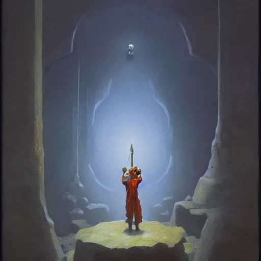 Prompt: “A 70s style Dungeons & Dragons oil painting of a sad, lonely dwarf warlock with a magic hammer in an arctic temple by zdzisław beksiński and Igor Kieryluk, trending on artstation”