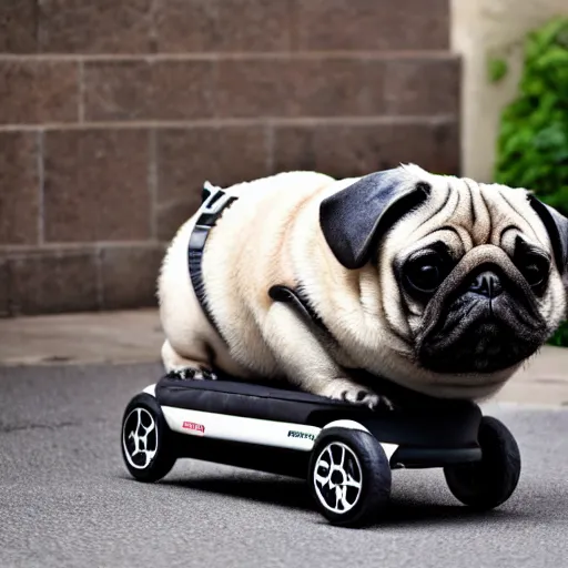 Prompt: a morbidly obese pug on a mobility scooter, high resolution photo