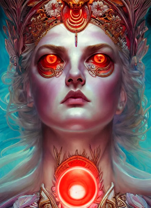 Image similar to the goddess hera looking angry, glowing eyes, paper tunic, volumetric lights, red and cyan theme, art nouveau botanicals, gothic, intricate, highly detailed, digital painting, artstation, concept art, smooth, sharp focus, symmetric face, illustration, art by artgerm and greg rutkowski and alphonse mucha