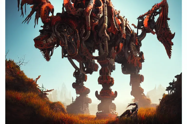 Image similar to grimhorn fanghorn machine mecanical creature robot of horizon forbidden west horizon zero dawn bioluminiscence global illumination ray tracing hdr fanart arstation by ian pesty and alena aenami artworks in 4 k