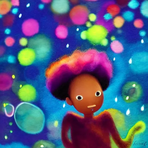 Image similar to a black girl with a colorful afro in a candy forest at night, bokeh, bright colours, watercolor, volumetric wool felting, macro photography, children illustration, by goro fujita