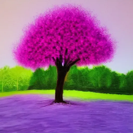 Image similar to a pink and purple tree in the style of Bob Ross