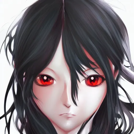 Image similar to professional anime digital art of a beatiful girl with long black hair; red eyes; face portrait; beautiful, appealing face, trending art