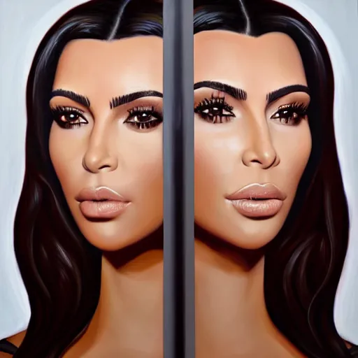 Image similar to a symmetrical portrait of kim kardashian, oil painting, pale colors, high detail, 8 k, wide angle, trending on artstation,