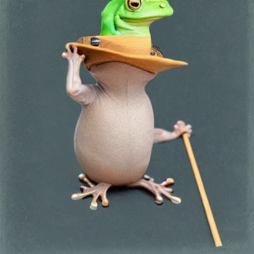 Prompt: A photo of a frog with a hat, he looks very sophisticated, he has a walking stick, polaroid photo