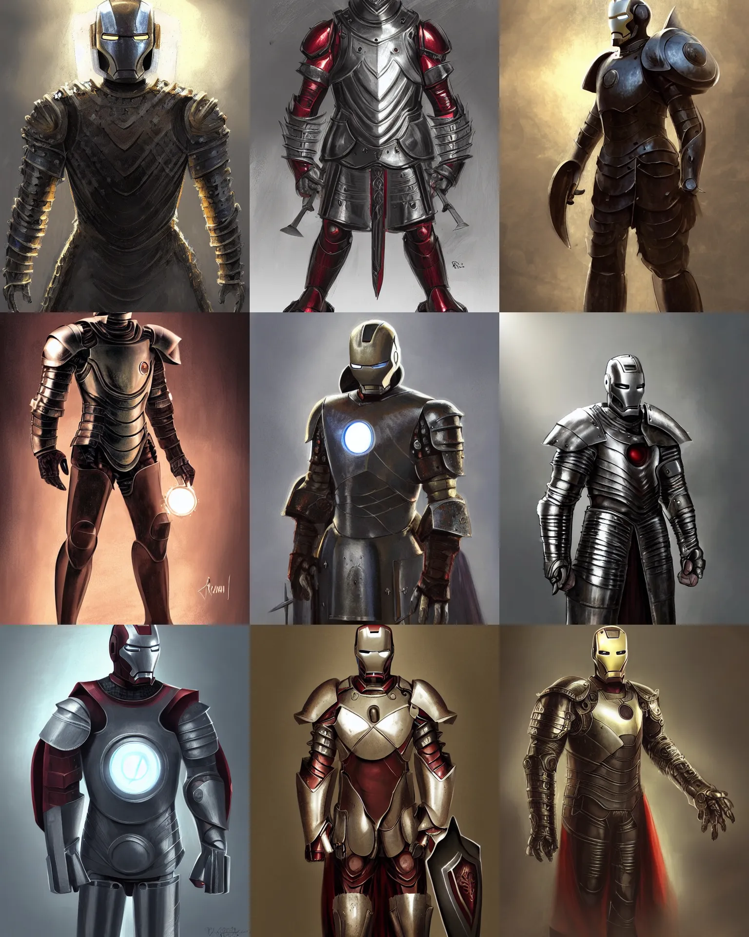 Prompt: medieval magic iron man without suit. medieval steel body armour and cloak in medieval age. medieval magic knight gothic. gothic plate armour. medieval steel helmet armour. fantasy, magic, intricate, sharp focus, lens flare, bloom, rim light. full body front view. concept art by ruan jia