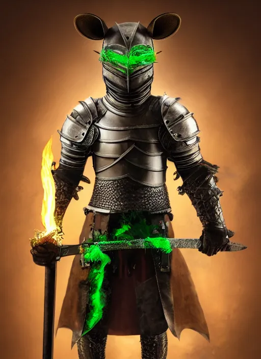 Prompt: full body portrait of half rat knight holding a great sword made of fire, anthropomorphic, hyper realistic, high detail, photo realistic, cinematic lighting, rendering by octane, spot lighting, in a open field, high quality, coherent. green hue armor