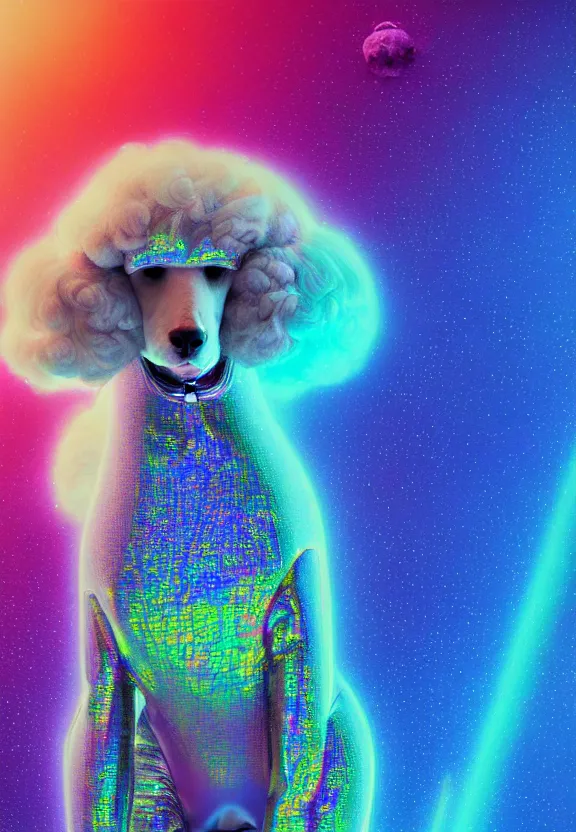 Image similar to a beautiful portrait of a poodle in a holographic iridescent spacesuit, cinematic, volumetric fog, risographic, digital art, 4 k, vintage sci - fi, inspired by moebius, inspired by thim white, inspired by h. r. giger