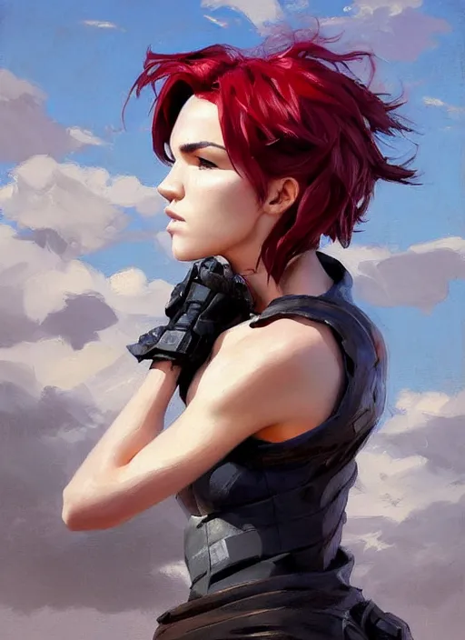 Image similar to portrait of Ruby rose of RWBY, countryside, calm, fantasy character portrait, dynamic pose, above view, sunny day, thunder clouds in the sky, artwork by Jeremy Lipkin and Giuseppe Dangelico Pino and Michael Garmash and Rob Rey, very coherent asymmetrical artwork, sharp edges, perfect face, simple form, 100mm