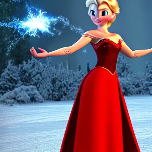 Image similar to elsa in a red dress with fire powers