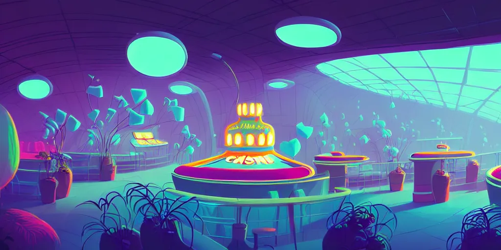 Image similar to minimalistic extreme wide angle curved perspective digital art of sss chubby cotton candy indoor casino with plants by anton fadeev from nightmare before christmas