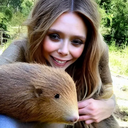 Image similar to elizabeth olsen with a capybara