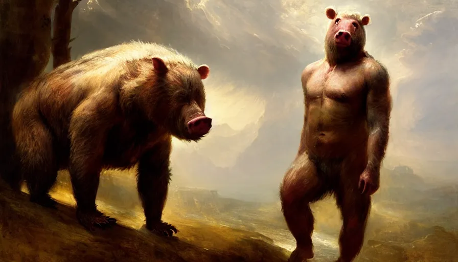 Image similar to highly detailed painting of a humanoid half bear half man pig creature by william turner, by greg rutkowski, by william constable, thick brush strokes and visible paint layers, 4 k resolution