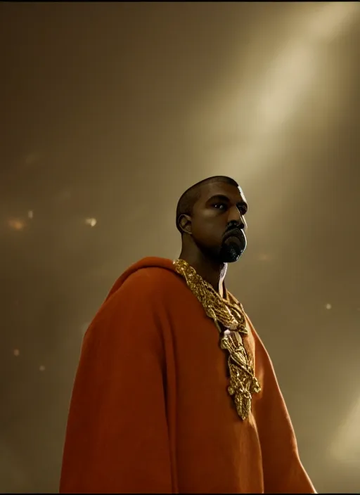 Image similar to kanye west as emperor napoleon in elden ring, splash art, movie still, cinematic lighting, dramatic, octane render, long lens, shallow depth of field, bokeh, anamorphic lens flare, 8 k, hyper detailed, 3 5 mm film grain