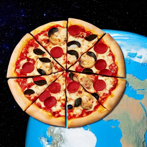 Image similar to giant pizza hovering above planet earth