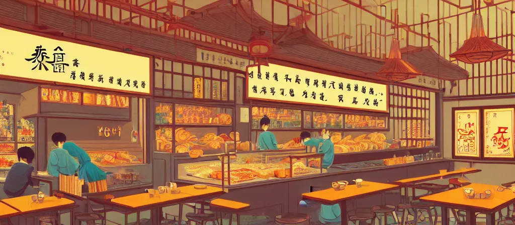 Image similar to a beautiful simple 4 k hd wallpaper illustration of interior view of the corner of roasted string hotpot shop, simple style, from china, with merchant logo, simple structure, surrealistic, chinese style, victo ngai, james jean, denoise, deblurring