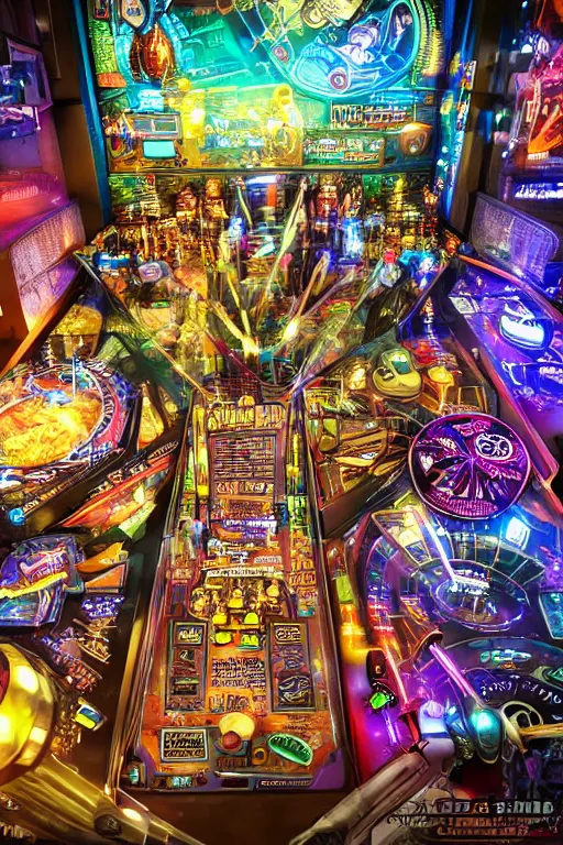 Prompt: pinball poster, theme is cyberpunk city market, tripmachines, realistic digital art, 3 d render of two huge futuristic steampunk generators inside a cyberpunk machine, 8 k, fluorescent colors, halluzinogenic, multicolored, exaggerated detailed, unreal engine