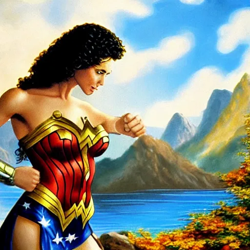 Image similar to a closeup photorealistic photograph of bob ross working on a canvas painting of wonder woman. film still. brightly lit scene. mountains and trees. this 4 k hd image is trending on artstation, featured on behance, well - rendered, extra crisp, features intricate detail, epic composition and the style of unreal engine.